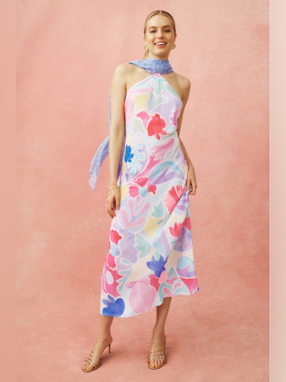 RIXO Pastel Floral Halter Maxi Dress in Pink, Blue, Lavender